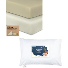 KeaBbaies 2-Pack Waterproof Crib Sheets and Toddler Pillow with Pillowcase - Cotton 52X28 Neutral Fitted Crib Protector Sheets - 13X18 Soft Cotton Toddler Pillows for Sleeping