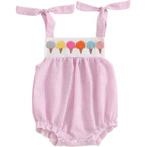 Newborn Baby Girl Ice Cream Smocked Romper Sleeveless Plaid Bubble Bodysuit Cute Summer Clothes 0-24 Months