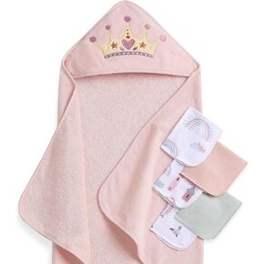 Evolur Good Knight 6 pc Baby Gift Set, Includes Hooded Towel & 5pc Wash Cloths, Soft and 100% Cotton Woven, for Newborn, Infants and Toddlers 0-9 Months