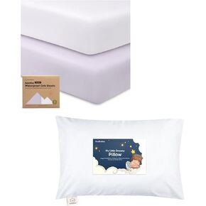 KeaBbaies 2-Pack Waterproof Crib Sheets and Toddler Pillow with Pillowcase - Cotton 52X28 Neutral Fitted Crib Protector Sheets - 13X18 Soft Cotton Toddler Pillows for Sleeping