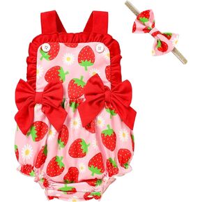 GRNSHTS Baby Girl Summer Romper Infant Floral Fruit Print Clothes Toddler Ruffles Bodysuit Sleeveless Strap One Piece Outfits