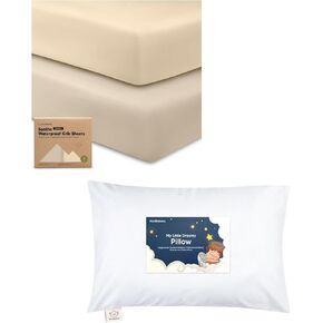 KeaBbaies 2-Pack Waterproof Crib Sheets and Toddler Pillow with Pillowcase - Cotton 52X28 Neutral Fitted Crib Protector Sheets - 13X18 Soft Cotton Toddler Pillows for Sleeping