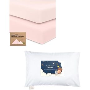 KeaBbaies 2-Pack Waterproof Crib Sheets and Toddler Pillow with Pillowcase - Cotton 52X28 Neutral Fitted Crib Protector Sheets - 13X18 Soft Cotton Toddler Pillows for Sleeping