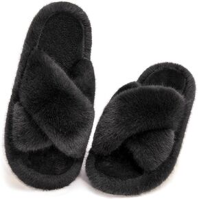 Women's Fuzzy Slippers Open Toe House Slippers Memery Foam Bedroom Slippers Cross Band Slippers for Indoor and Outdoor in Kuwait