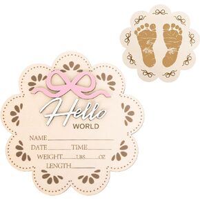 Whaline Hello World Newborn Sign Coquette Bow Baby Announcement Sign Flower Shape Newborn Birth Wooden Board Milestone Card for Birthday Baby Shower Photo Prop Keepsake
