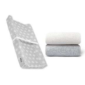 Contoured Changing Pad w/Cover (Gray, Cloud) + Replacement Covers - 2 pk (Off White & Gray, Wave)