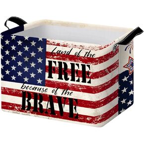 Clastyle Memorial Day Land of The Free Basket Retro America Flag Patriotic Storage Bin Summer Beach Gift Basket Rectangle Clothes Toy Book Shelf Basket
