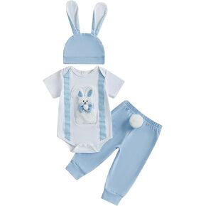 Kuriozud Newborn Baby Boy Easter Outfit Bunny Romper Top and Pants Set with Bunny Ear Hat Infant 3 Piece Spring Clothes