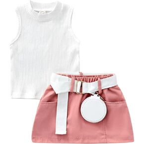 3PCS Infant Baby Girls Sleeveless Vest Rib Knit Shirt Tops + Side Pockets Skirts + Belt Bag Outfit Sets