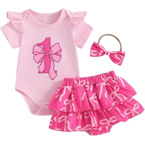 Baby Girl 1st Birthday Outfit Bow Ruffle Short Sleeve Romper Bodysuit T-Shirt Tutu Skirt Shorts Set Summer Clothes