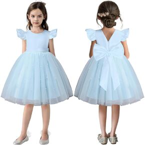AGQT Flower Girl Dress V-Back Ruffle Sleeve Dresses Girls Tulle Dress for Wedding First Communion with Bow-Knot 3T-9T