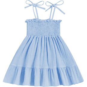 Toddler Baby Girl Summer Dress Linen Smocked Dresses Spaghetti Strap Solid Ruffle Dress Cute Little Girls Clothes