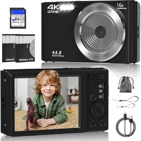 Digital Camera, FHD 4K 44MP Digital Camera, 16X Digital Zoom, Digital Point and Shoot Camera with 3-LED Fill Lights, 64GB SD Card, Compact Camera for Kids Teen Boys Girls, Purple in Kuwait