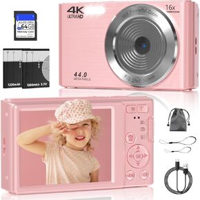 الكاميرا الرقمية ، FHD 4K 44MP Camera ، ZOOM الرقمية 16x ، النقطة الرقمية وكاميرا التصوير مع أضواء ملء 3-LED ، بطاقة SD 64 جيجابايت ، كاميرا مضغوطة للأطفال Teen Boys ، Black