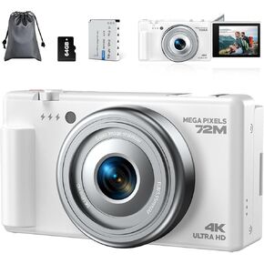Digital Camera for Photography, 4K 72MP Autofocus 2.8" 270° Flip Screen 18X Digital Zoom Compact Vlogging Camera, Point and Shoot Digital Cameras with 64GB TF Card & Battery, Carry Bag
