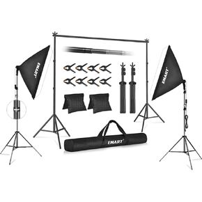 EMART Backdrop Stand 10x7ft(WxH) Photo Studio Adjustable Background Stand Support Kit with 2 Crossbars, 8 Backdrop Clamps, 2 Sandbags+20"x28" 125W CFL Blub Softbox Lighting Kit