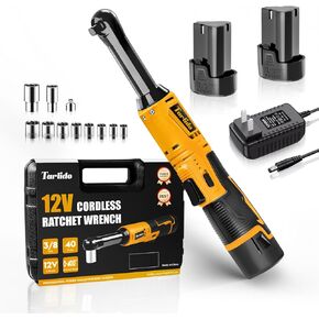 Cordless Electric Ratchet Wrench, 3/8" 12V Battery Powered Ratchet Tool Kit, 4" Extended 40 Ft-Lbs 400 RPM Ratchet Wrench Set with LED Light, 2 Batteries, 11 Sockets and Fast Charger-Yellow