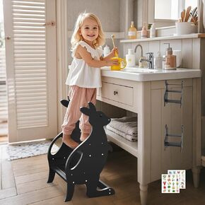 Wooden 2 Step Stool for Toddlers, Adjustable Height Toddler Learning Standing Ladder Tower with Handrails, Kitchen Toddler Stool Helper for Bathroom Sink Toilet Potty Training