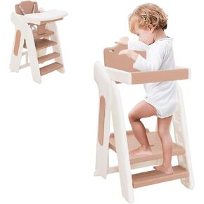 Foldable Toddler Leaning Tower Kitchen Step Stool, Kids Adjustable Height Montessori Learning Helper with Handle & Food Tray for Bathroom, Easy to Convert to Highchair & Armchair
