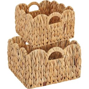 FairyHaus Wicker Basket 2Pack, Scalloped Wicker Storage Basket with Handles, Handwoven Natural Water Hyacinth Wicker Bakests for Storage, 11 x 11 x 7 & 9.45 x 9.45 x 6.5 (L+M)