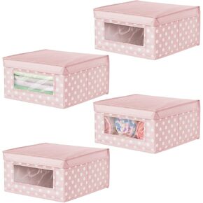 mDesign Medium Soft Stackable Fabric Baby Nursery Storage Organizer Holder Bin Box with Front Window and Lid for Child/Kids Bedroom, Playroom, Classroom - 4 Pack - Pink/White Polka Dot