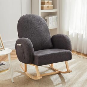 Nursery Rocking Chair, Dark Grey Upholstered Glider Chair with Side Pocket and Thick Cusion, Upholstered Rocking Accent Chair for Living Room, Bedroom