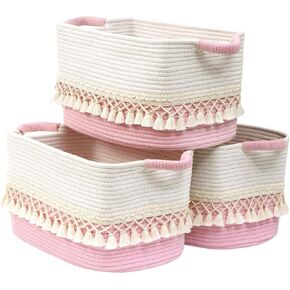 2 Pack Storage Basket, Heavy Tassel Woven Baskets for Storage, Boho Cotton Rope Storage Bin, Cube Organizer Bins, Baby Laundry Basket for Clothes, Toys, Diapers, Pets（White & Jute）