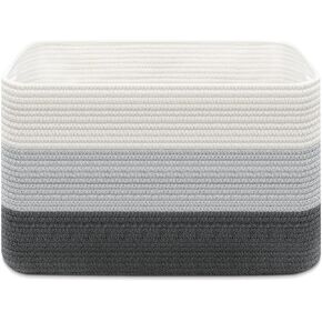 Blanket Basket with Lid - Large Toy Basket for Baby 21.7" x 13.8" Woven Baskets Blanket Storage for Living Room Bedroom, Cotton Rope Laundry Baskets for Towels Pillow, White & Brown