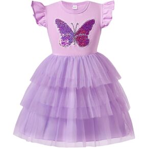 Little Girls Tulle Tutu Dress Toddler Summer Ruffle Sleeve Fluffy Tiered Dress Kids Birthday Party Outfits 2-7 Years