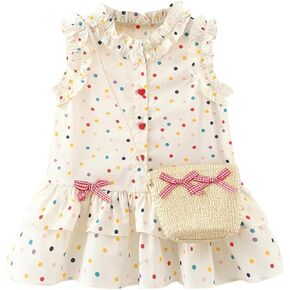Summer New Baby Girl Dress with Colorful Polka Dot Sleeveless Vest Lace Collar and Bamboo Basket Bag As A Gift