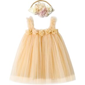 Miipat Baby Girl Tulle Dress Sleeveless Toddler Birthday Party Dress Floral Sundress with Headband
