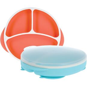 Nuby Silicone Round Suction Plate with Lid - Dishwasher-Safe Baby and Toddler Plate - 6+ Months - Aqua and Coral