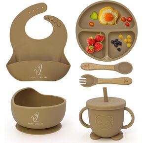 Baby Feeding Set - Silicone Bib, Suction Plate, Bowl, Fork, and Spoon - BPA-Free and Dishwasher Safe (Ocean Blue)