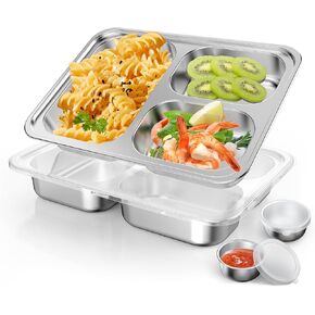 Stainless Steel Divided Plate for Kids Toddler, Non Toxic Portion Control Plate Dinner Plate with Lid for Adults Weight Loss, 4 Pack 5 Sections Rectangular Snack Plate Tray