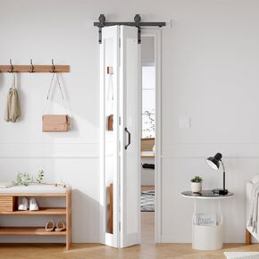 FREDBECK Preassembled Bifold Barn Door 24x84 (Double 12x84) with 1 Lites Mirror,Bi-fold Closet Doors Hardware Kit Included,28" Track for 2 Doors, PVC, White,for Living Room, Bathrooms, Kicthen