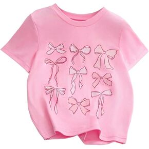 Girl's Graphic Print Short Sleeve T-Shirt Bow Knot Crew Neck Summer Tee