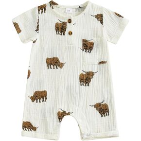 Chloefairy Newborn Baby Boy Western Clothes Highland Cow Romper Short Sleeve Cotton Linen Jumpsuit Cowboy Summer Outfit