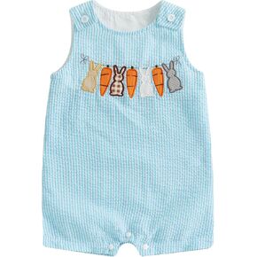 Newborn Baby Boy Easter Outfit Bunny Embroidery Sleeveless Romper Jumpsuit Plaid/Striped Overall Jumpsuit Summer
