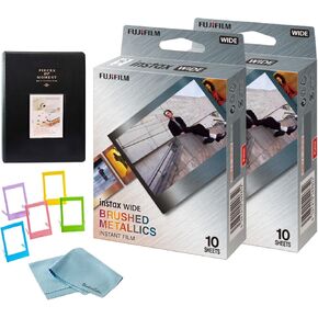 FUJIFILM INSTAX Wide Brushed Metallics Instant Film Bundle – 20 Exposures + Album, Photo Frames & BluebirdSales Cleaning Cloth