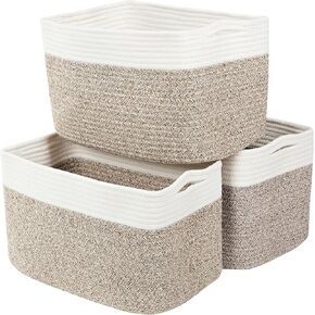 VECELO Large Rope Storage Blanket Basket set of 3, Storage Basket with Handles, Woven Cotton Rope Basket for Storage for Toys, Clothes, Laundry, Pillow, Comforter, Cushions, Coffee