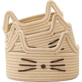 Woven Basket Storage Nursery Organizer Cat Decor Basket for Organizing with Handles, Cotton Rope Storage for Gifts Pet Toys Bin, Nursery Baby Organizer - Khaki