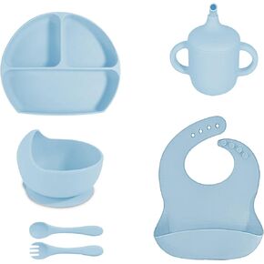 Silicone Baby Dining Set - Bib, Sippy Cup, Silverware, Bowl and Plate with Lids (Sky Blue)