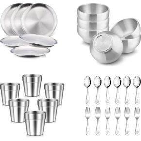 HaWare 30-Piece Kids Dinnerware Set, Stainless Steel Tableware Set Including Kids Plates, Bowls, Cups, Spoons, and Forks, Food-grade Toddler Utensils set for Self Feeding, Durable and Reusable