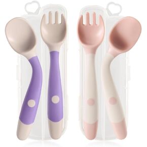 Toddler Spoons and Forks Set Bendable Baby Utensils Set Self-Feeding Silverware for Kids Infants Children with Travel Case Gum Friendly Food Grade Dishwasher Safe(Yellow+Green, 2 Set)