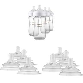 Philips AVENT Glass Natural Baby Bottles with Natural Response Nipples, Clear, 8oz, 4pk - Includes Flow 3M+ and 6M+ Nipples