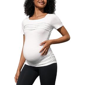 GINKANA Women's Maternity Tops Square Neck Pleated Short Sleeve Tee Shirt Side Ruched Tunic T-Shirt in Kuwait