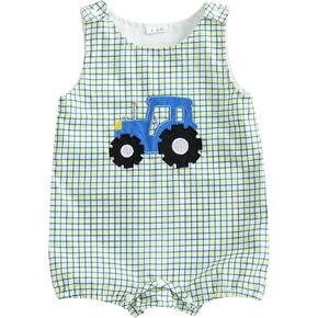 Summer Outfit Newborn Baby Boy Sleeveless Tractor Embroidery Plaid Tank Romper Jumpsuit Overalls One Piece Clothes