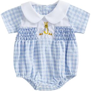 Infant Baby Boy Girl Easter Outfit Clothes Bunny Plaid Short Sleeve Romper Jumpsuit Bodysuit