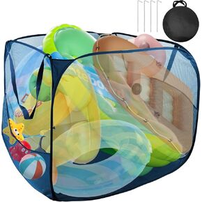 Pop up Pool Toy Storage Bin,32"X32"X30"Pool Float Organizer Bag with 2 Side Pockets Mesh Swimming Pool Toys Organizer with 4 Ground Nails for Inflatable Toys, Float, Beach Ball and Pool Accessories