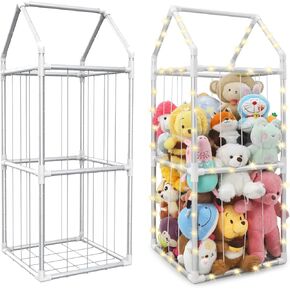 Stuffed Animal Storage Toy Organizer - Stuffed Animal Zoo with Lights - Metal Large Storage Cage for Nursery Playroom Bedroom (White Large)